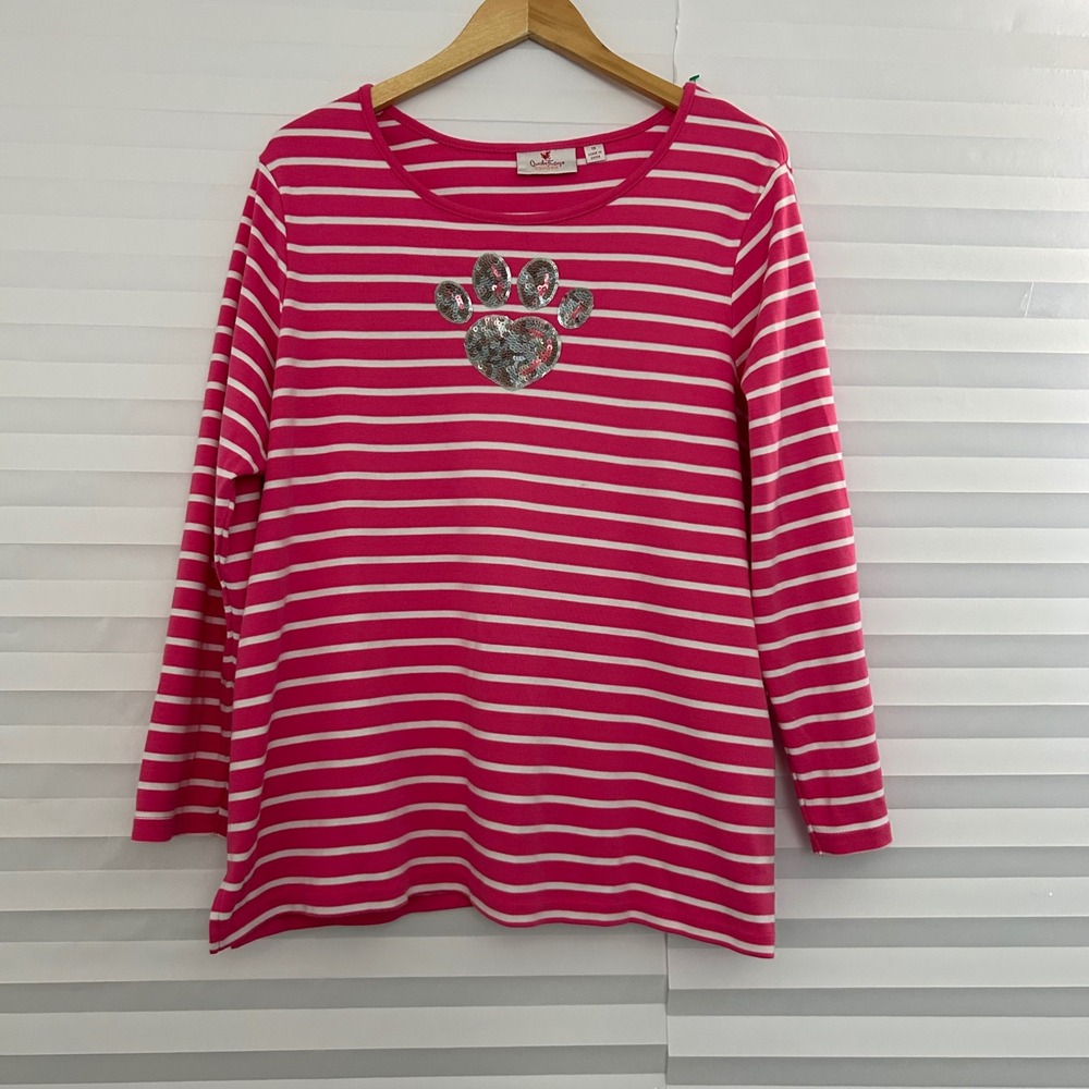 Quacker Factory Pink White Striped Sequin Paw Print Top Women 1X Long Sleeve‎